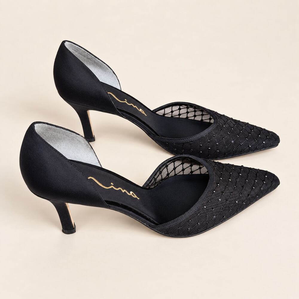 Nina Black Mesh Rhinestone Crystal Stiletto Evening Pumps Heels 8.5